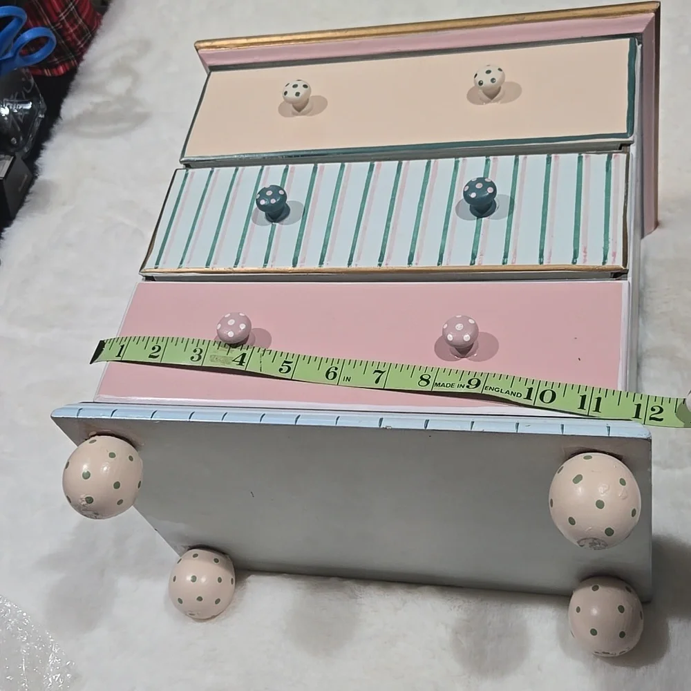 Hand painted jewelry chest blue, pink, yea, gold, peach